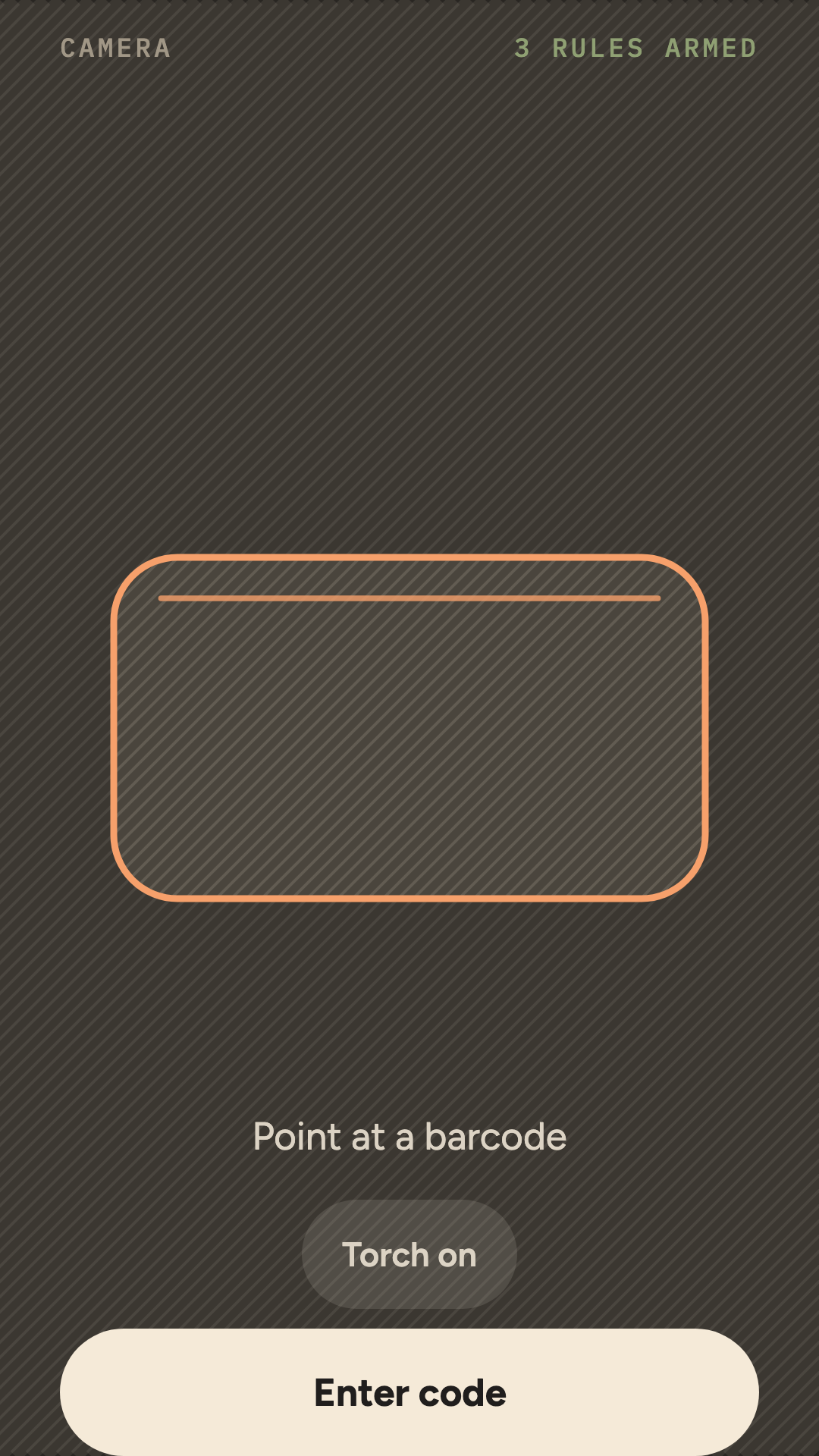 The scan screen, aimed at a barcode, showing how many rules are armed.