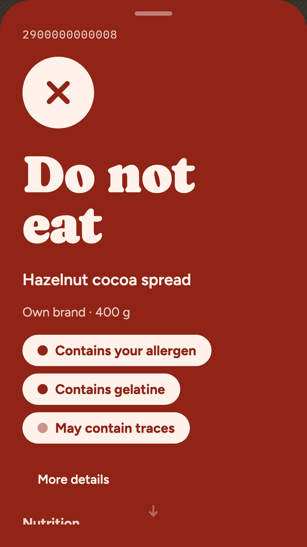 A verdict reading &ldquo;Do not eat&rdquo;, with the reasons underneath: contains your allergen, contains gelatine, may contain traces.