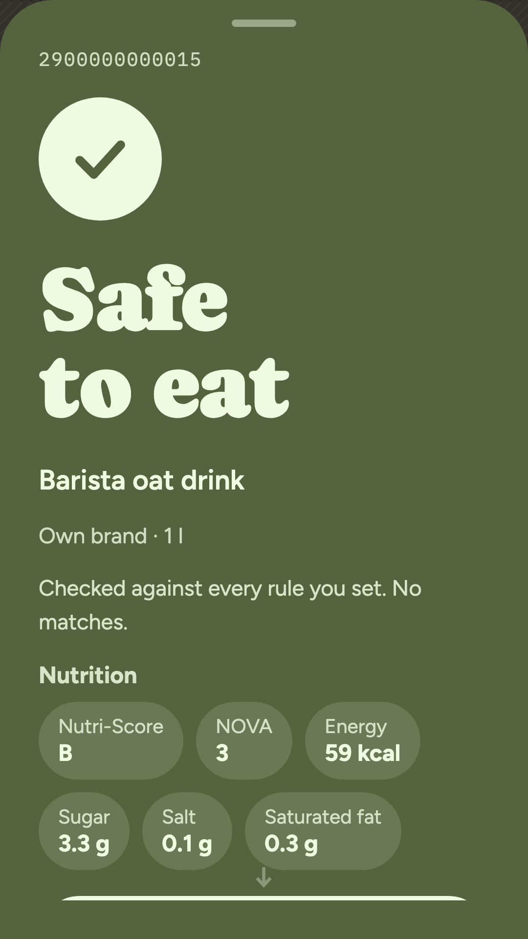 A verdict reading &ldquo;Safe to eat&rdquo; for a barista oat drink, with its nutrition underneath.