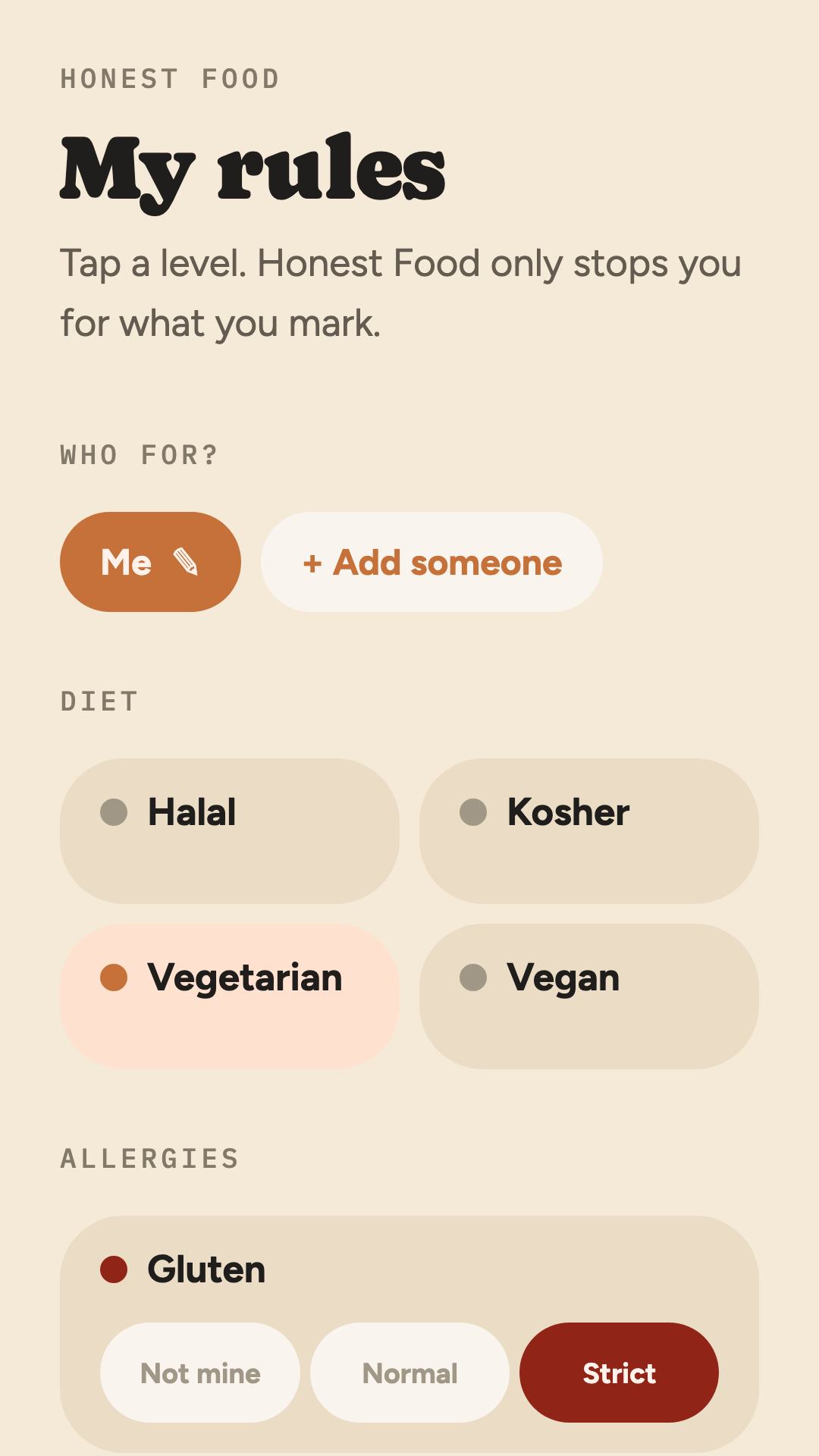 The rules screen, with allergies set to strict or normal and diets listed underneath.
